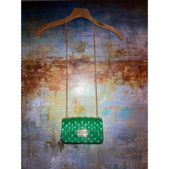 Handbags - Deluxity Green Quilted Jelly Bag Gold Chain Crossbody Translucent Handbag Small